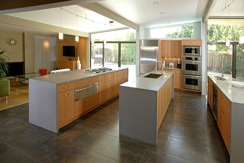 Contemporary Kitchen Saffron Yellow Cabinets With Grey Quartz